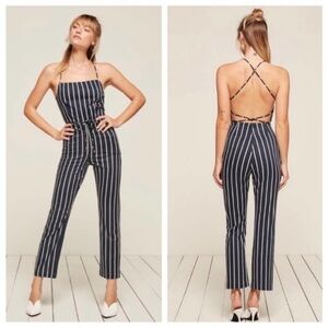 Reformation Rufus Navy and White Striped Jumpsuit